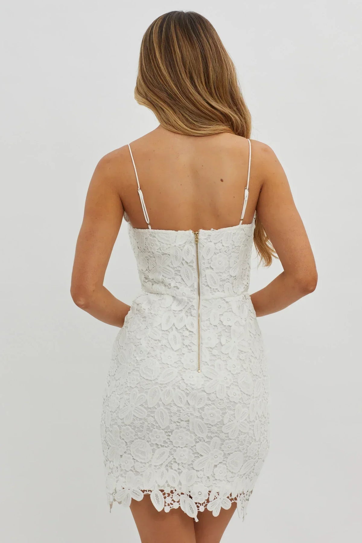 Guipure Lace Scalloped Square Neck Cami Strap Bodycon Mini Dress 2