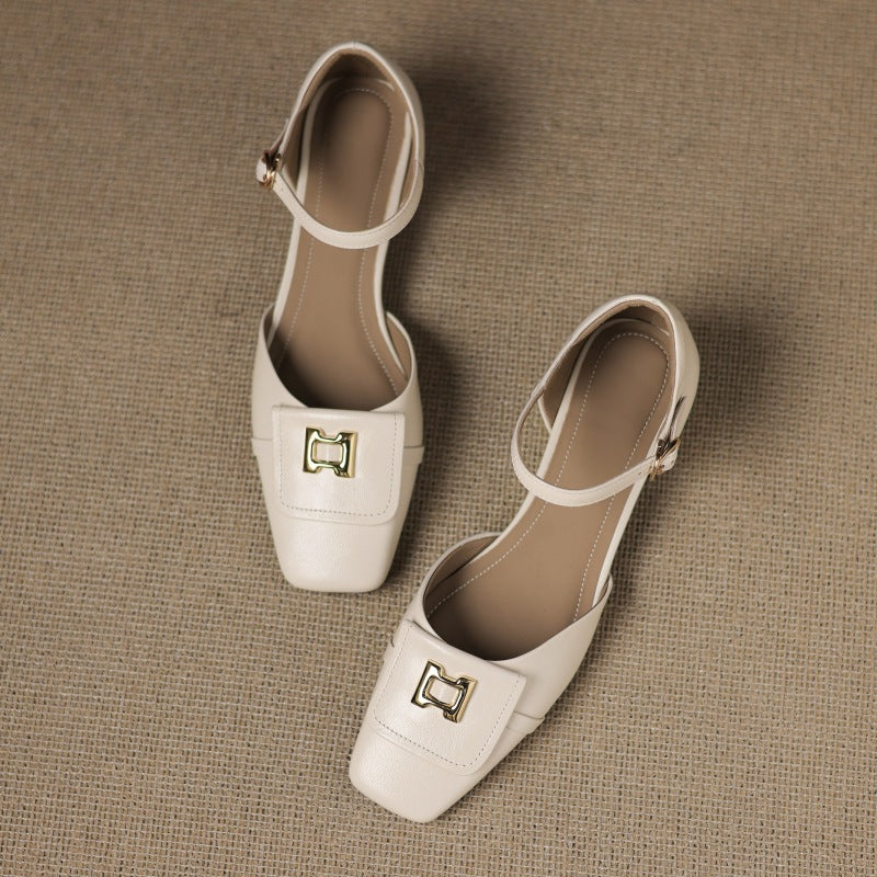 Square Toe Metal Buckle Ankle Strap Block Heel Mary Jane Pumps