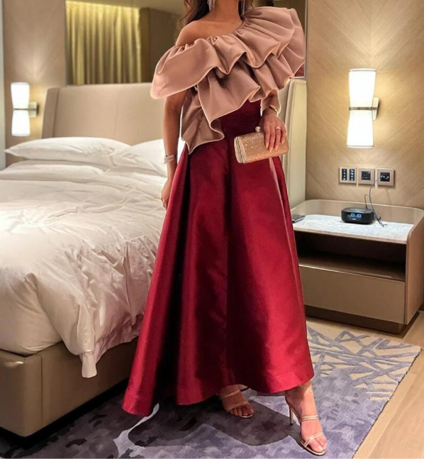 Red Ruffled Neckline A-line Evening Dress cc919