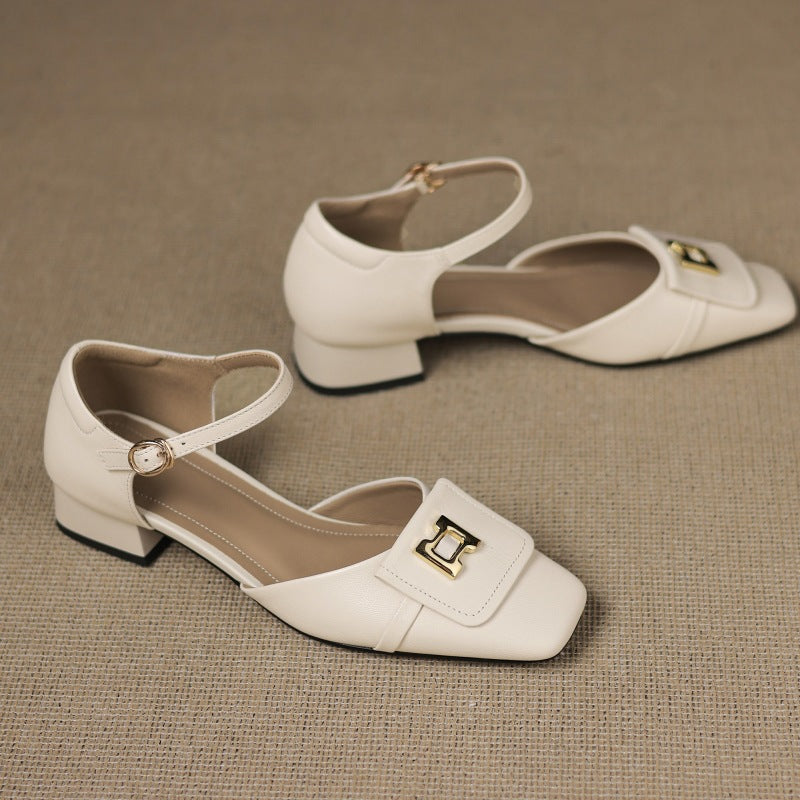 Square Toe Metal Buckle Ankle Strap Block Heel Mary Jane Pumps