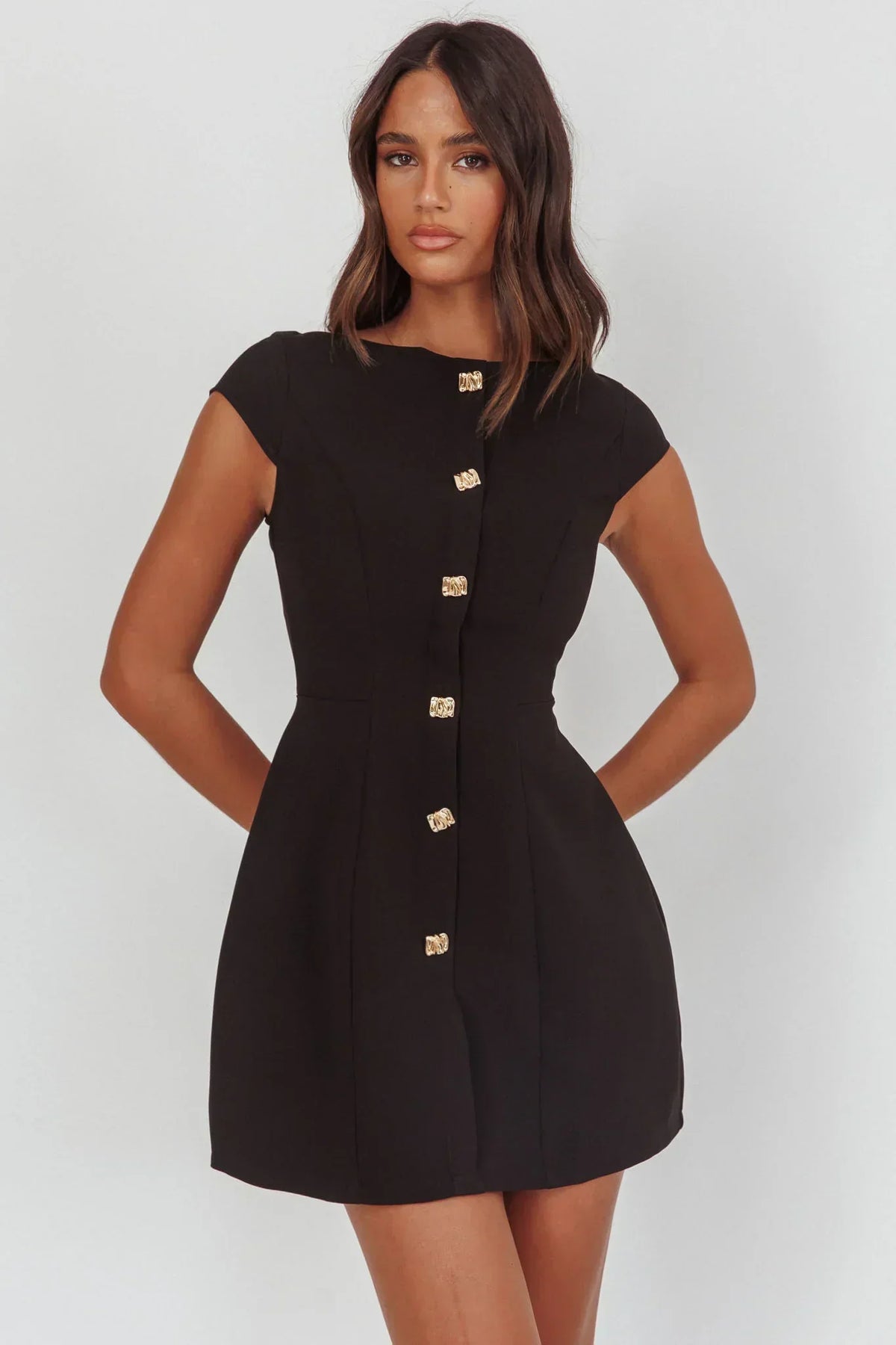 Cap Sleeve Boat Neck Button Front Tulip Mini Dress