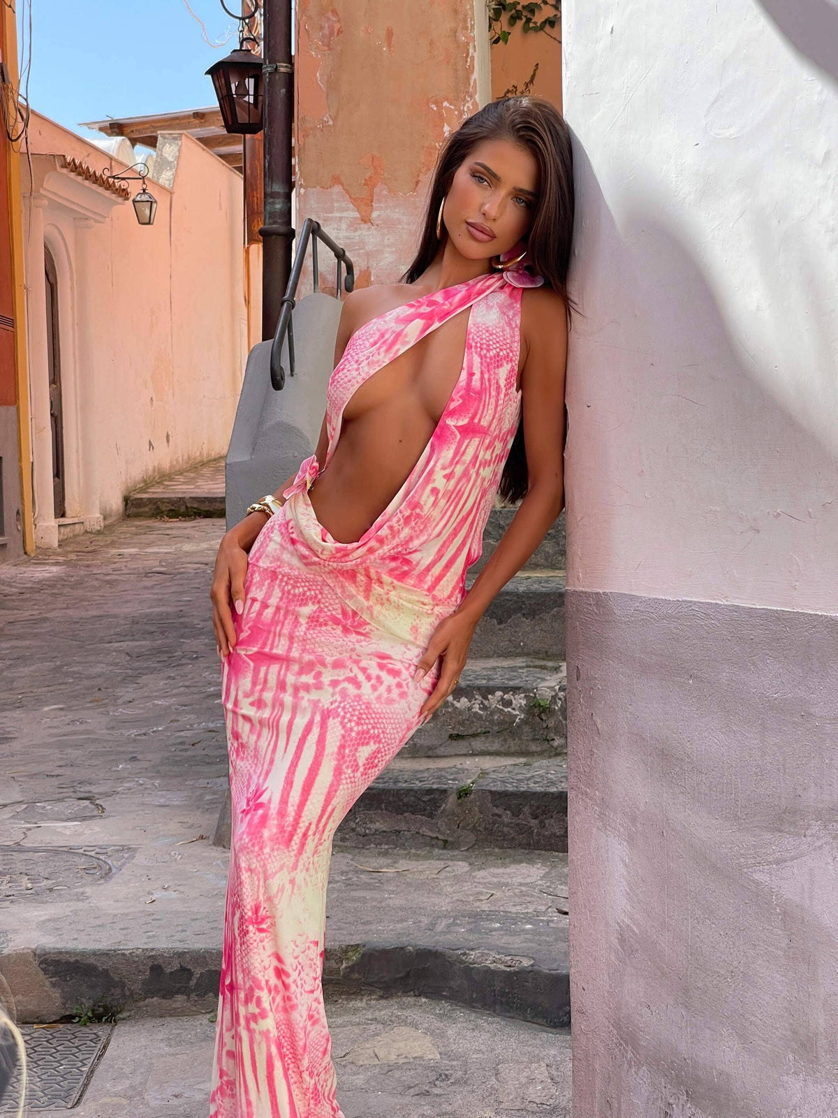Tropical Print One Shoulder Cut Out Rosette Maxi Dress 2