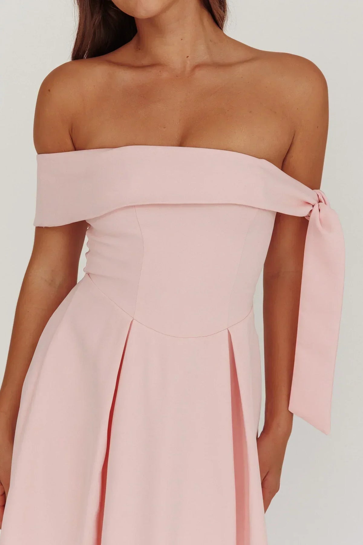 Off Shoulder Tie Sleeve Box Pleat A-Line Midi Dress 3