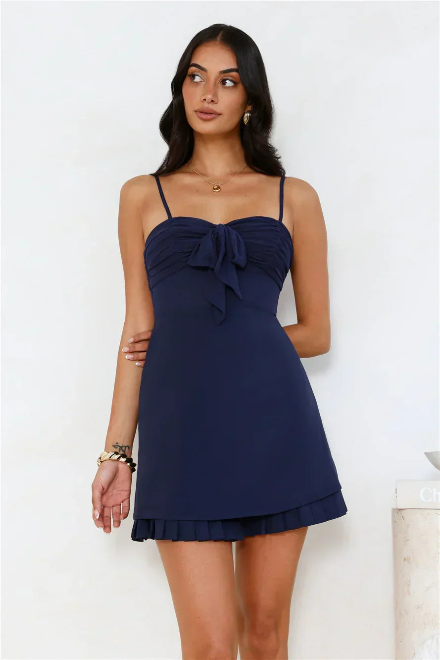 Ruched Bust Bow Front Spaghetti Strap Pleated Hem A-Line Mini Dress 4