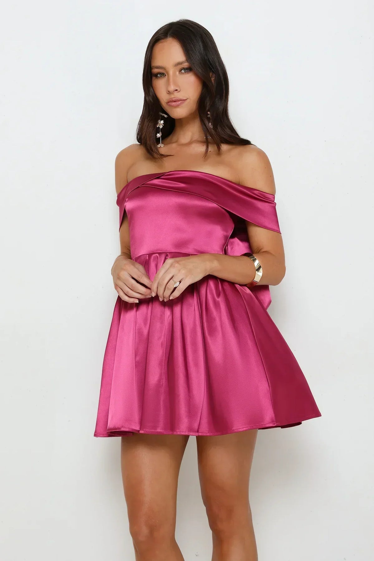Satin Off Shoulder Twist Neckline Bow Back Fit and Flare Mini Dress 4