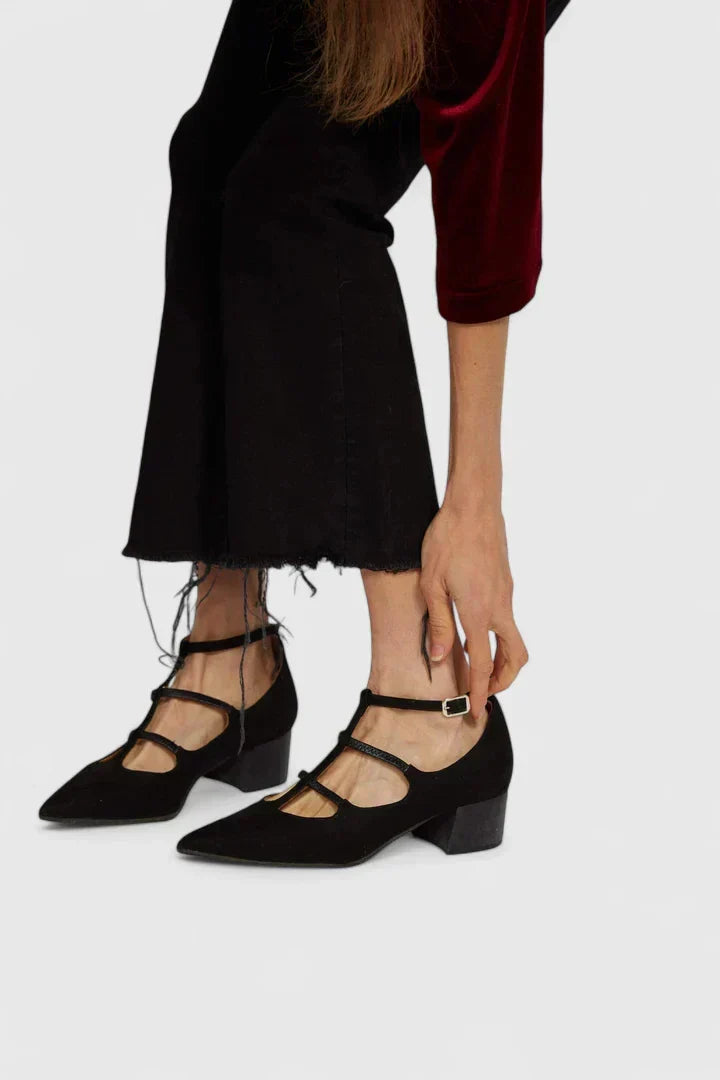 Pointed Toe Caged Cross Strap Suede Look Low Heel Pumps