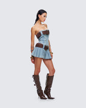 Strapless Buckle Belt Pleated Denim Mini Dress 6