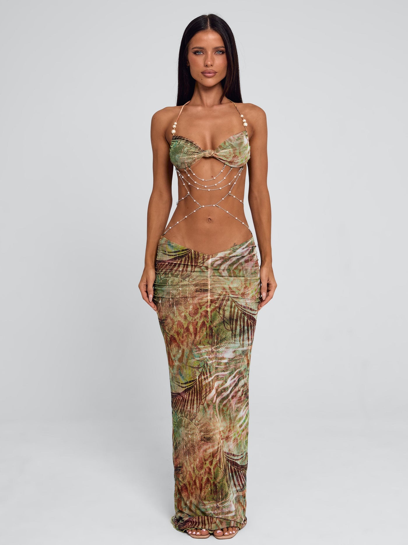Pearl Chain Halter Neck Cut Out Mesh Maxi Dress