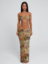 Pearl Chain Halter Neck Cut Out Mesh Maxi Dress