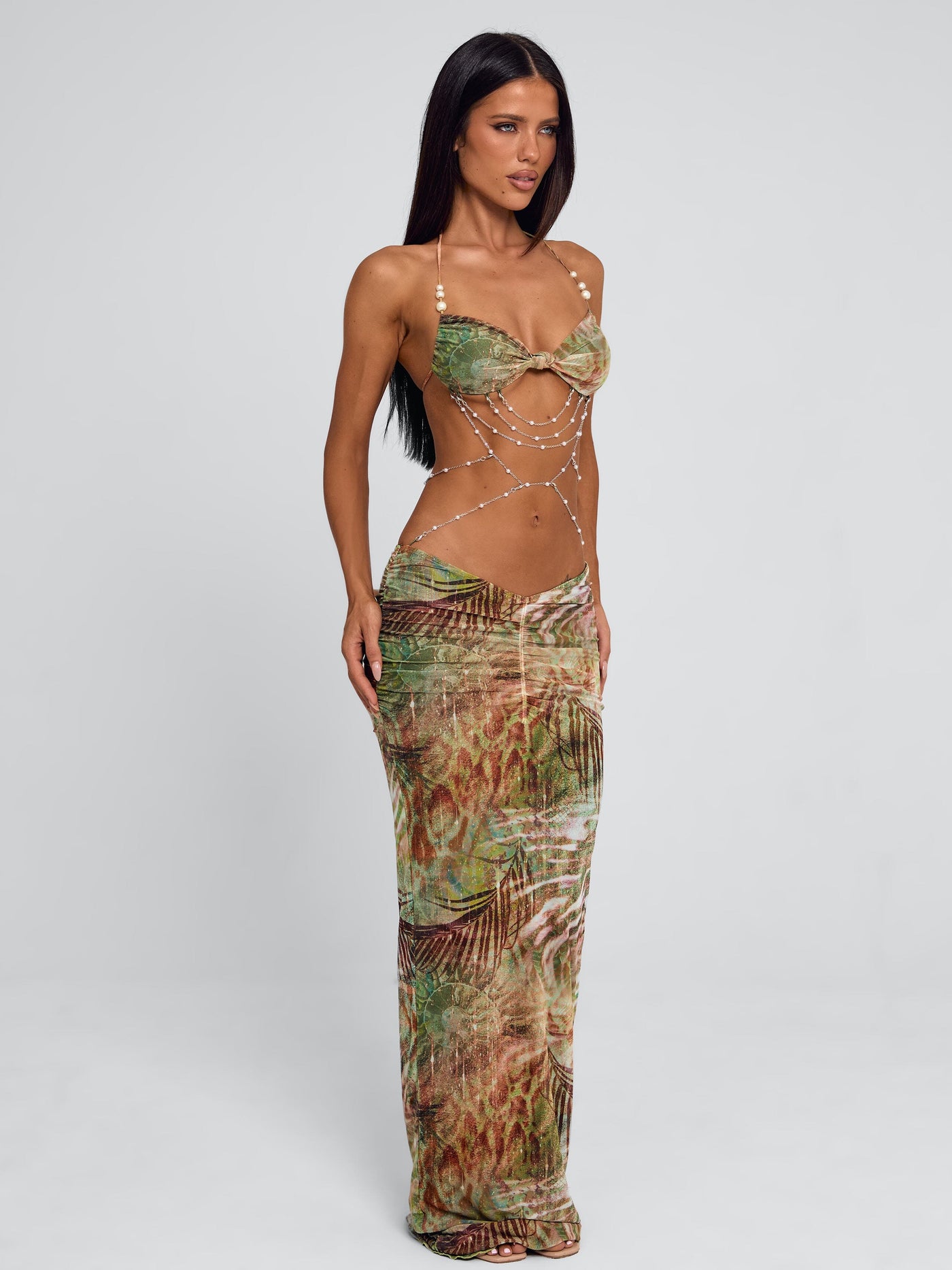 Pearl Chain Halter Neck Cut Out Mesh Maxi Dress 5