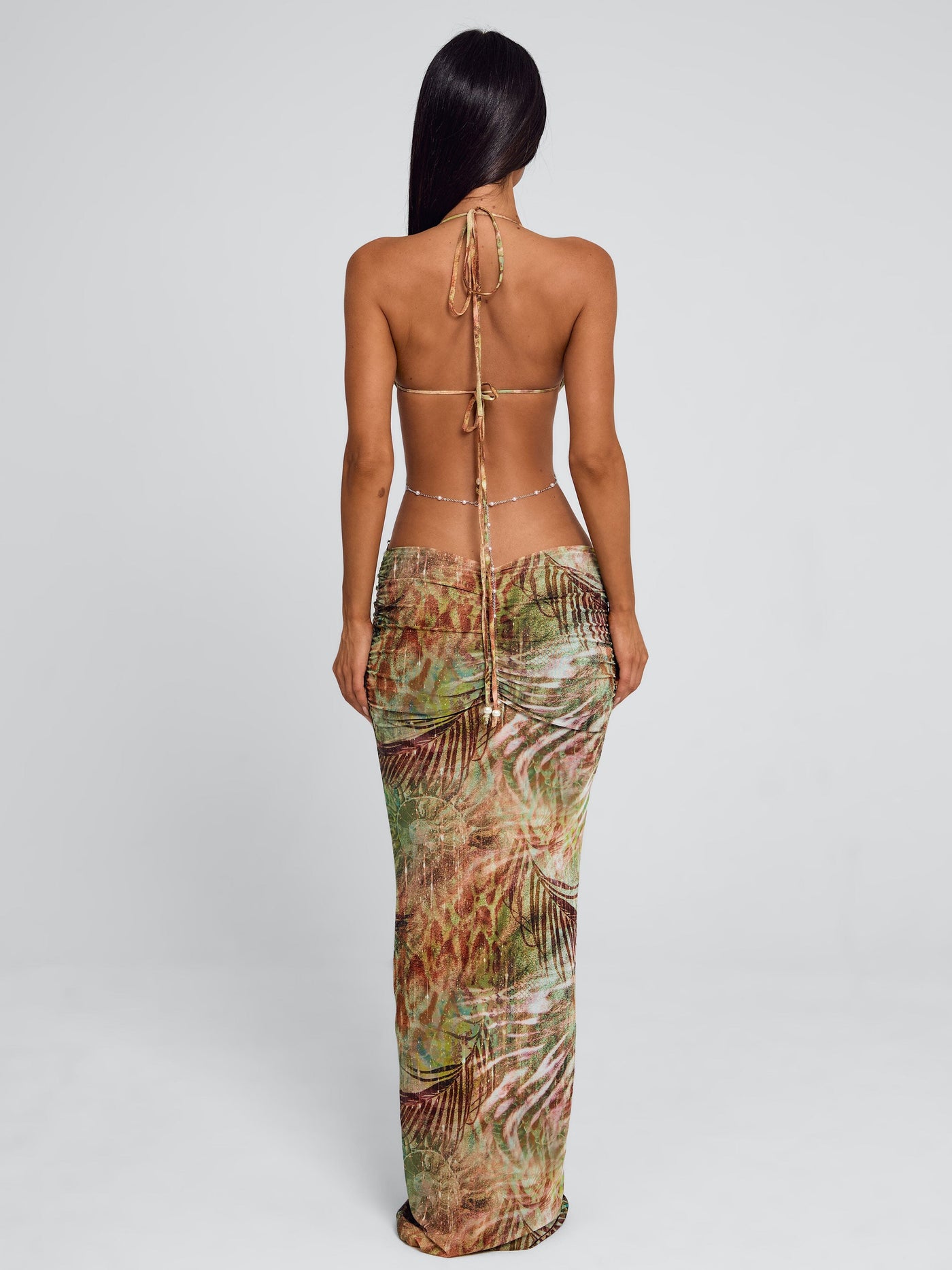 Pearl Chain Halter Neck Cut Out Mesh Maxi Dress 3