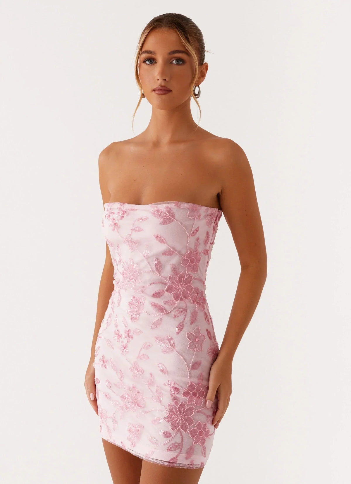 Strapless Beaded Floral Embroidered Mesh Bodycon Mini Dress