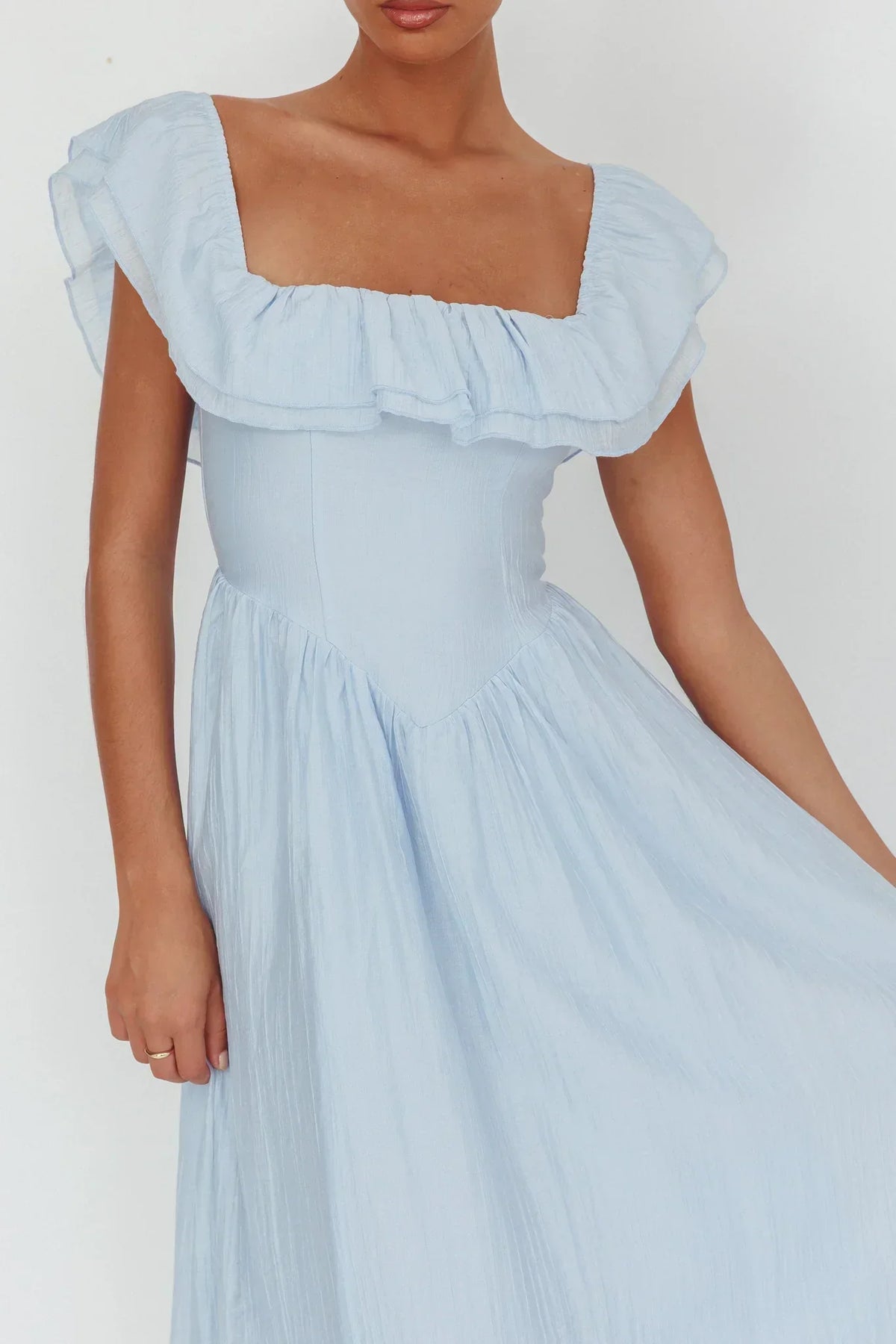 Square Neck Ruffle Sleeve Basque Waist Midi Dress 3