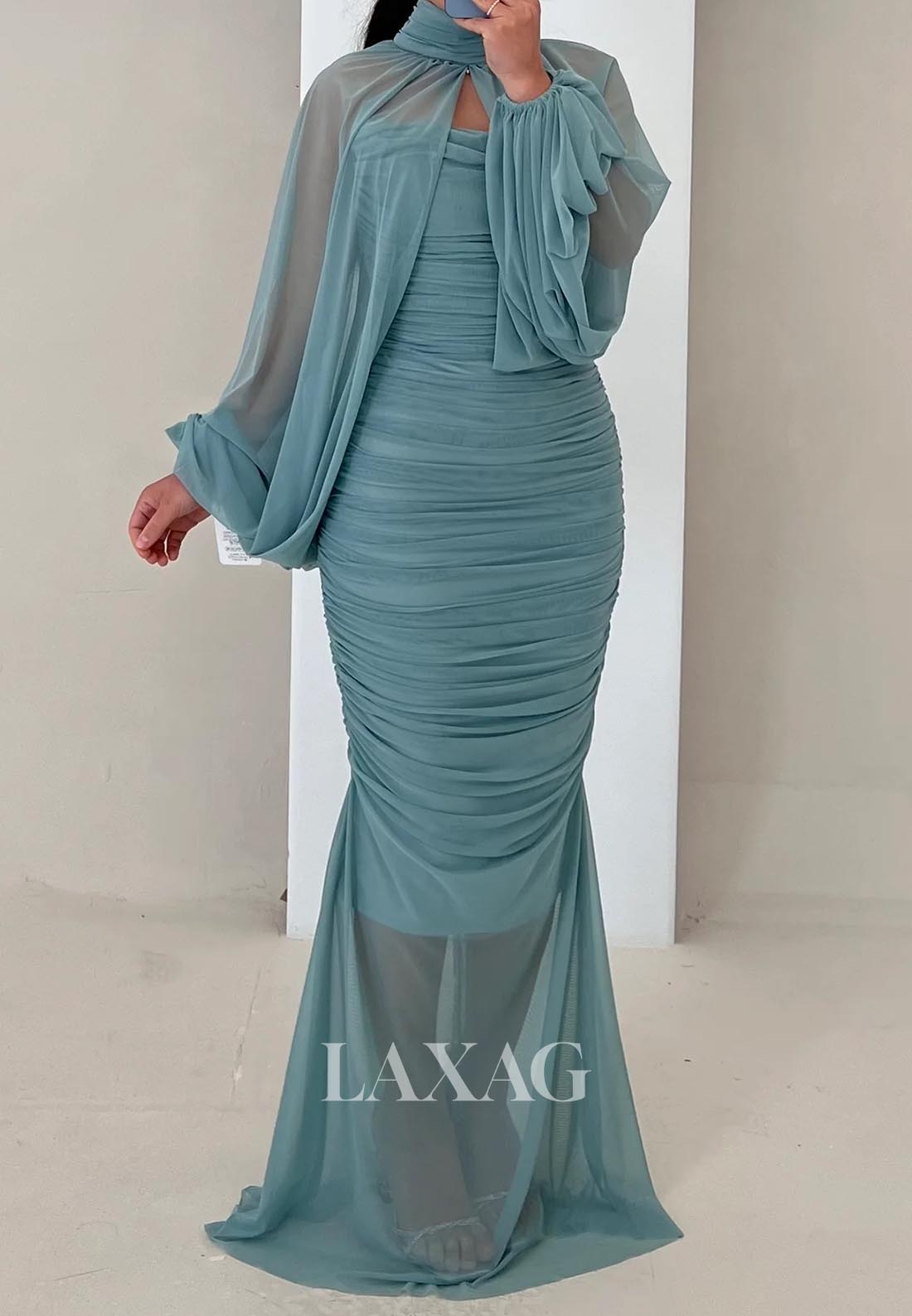 High-Neck Long-Sleeves Mermaid Evening Dress Pleated Sheer Tulle Floor-Length Formal Gowns