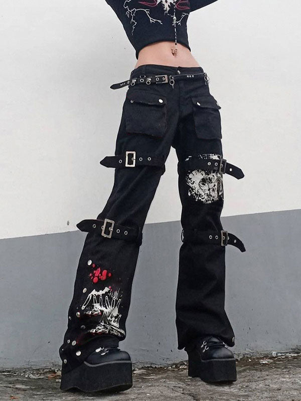 Low Waist Buckle Strap Graphic Print Wide Leg Cargo Pants