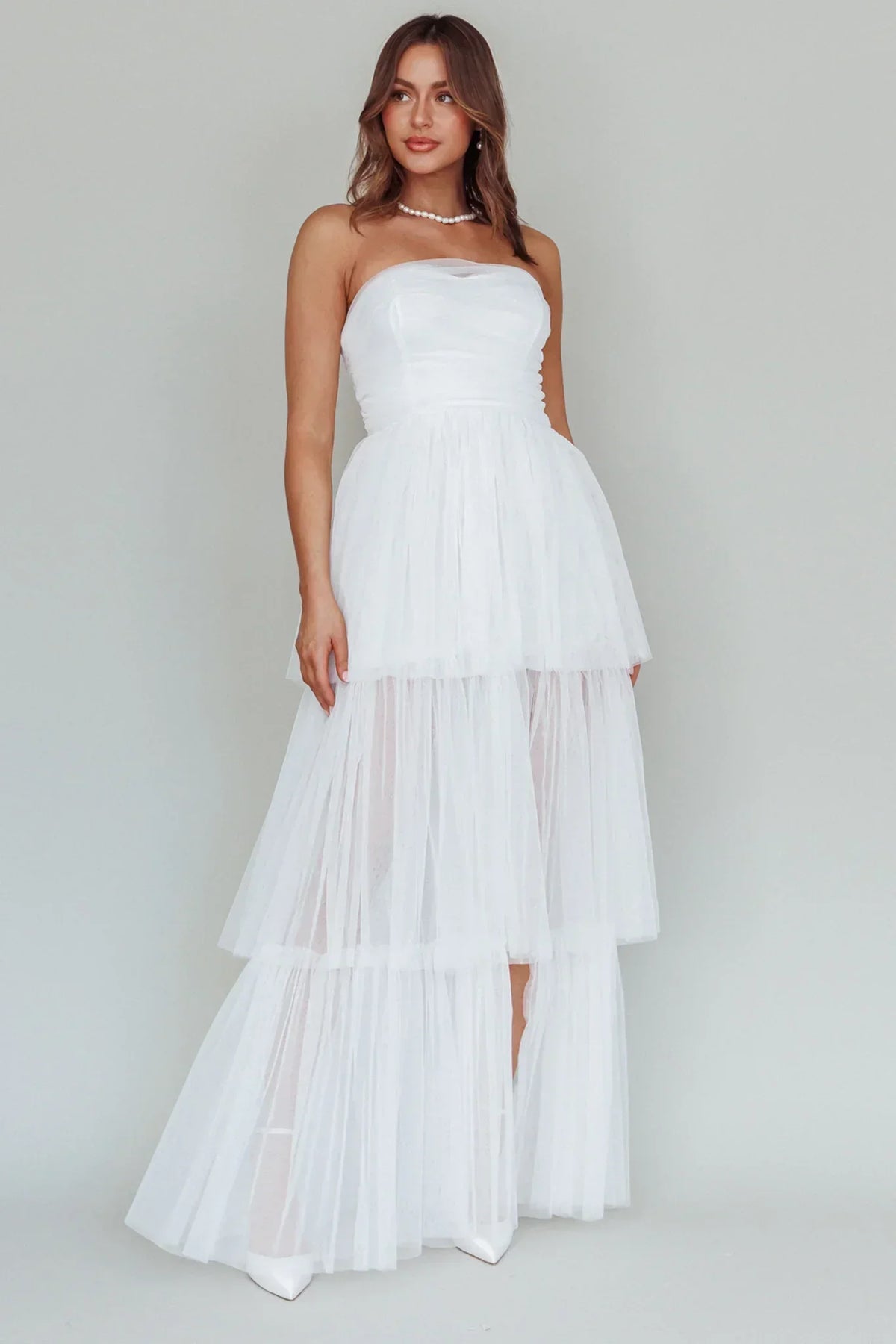 Tulle Strapless Sweetheart Tiered Ruffle Maxi Dress