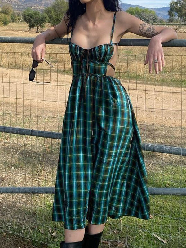 Plaid Ruched Bust Tie Front Cut Out Backless Midi Dress