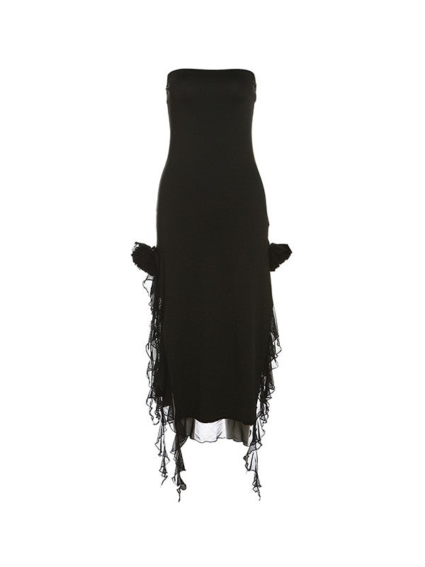 Strapless Bandeau Rosette Applique Ruffle High Split Maxi Dress 11