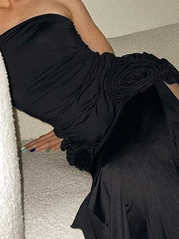 Strapless Bandeau Rosette Applique Ruffle High Split Maxi Dress 5