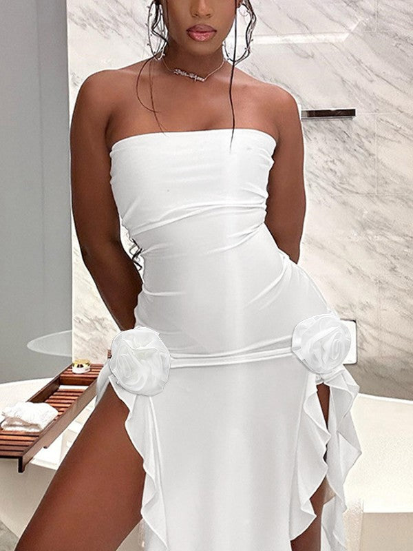 Strapless Bandeau Rosette Applique Ruffle High Split Maxi Dress 3