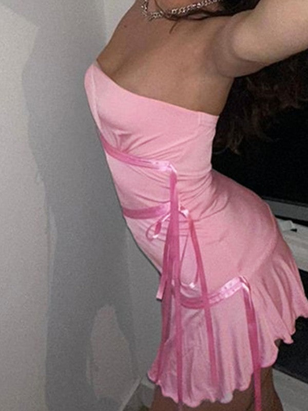 Strapless Bandeau Ribbon Trim Asymmetric Ruffle Hem Mini Dress 4