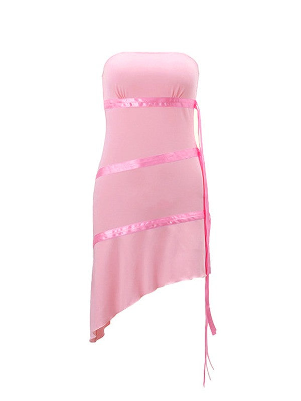 Strapless Bandeau Ribbon Trim Asymmetric Ruffle Hem Mini Dress 5