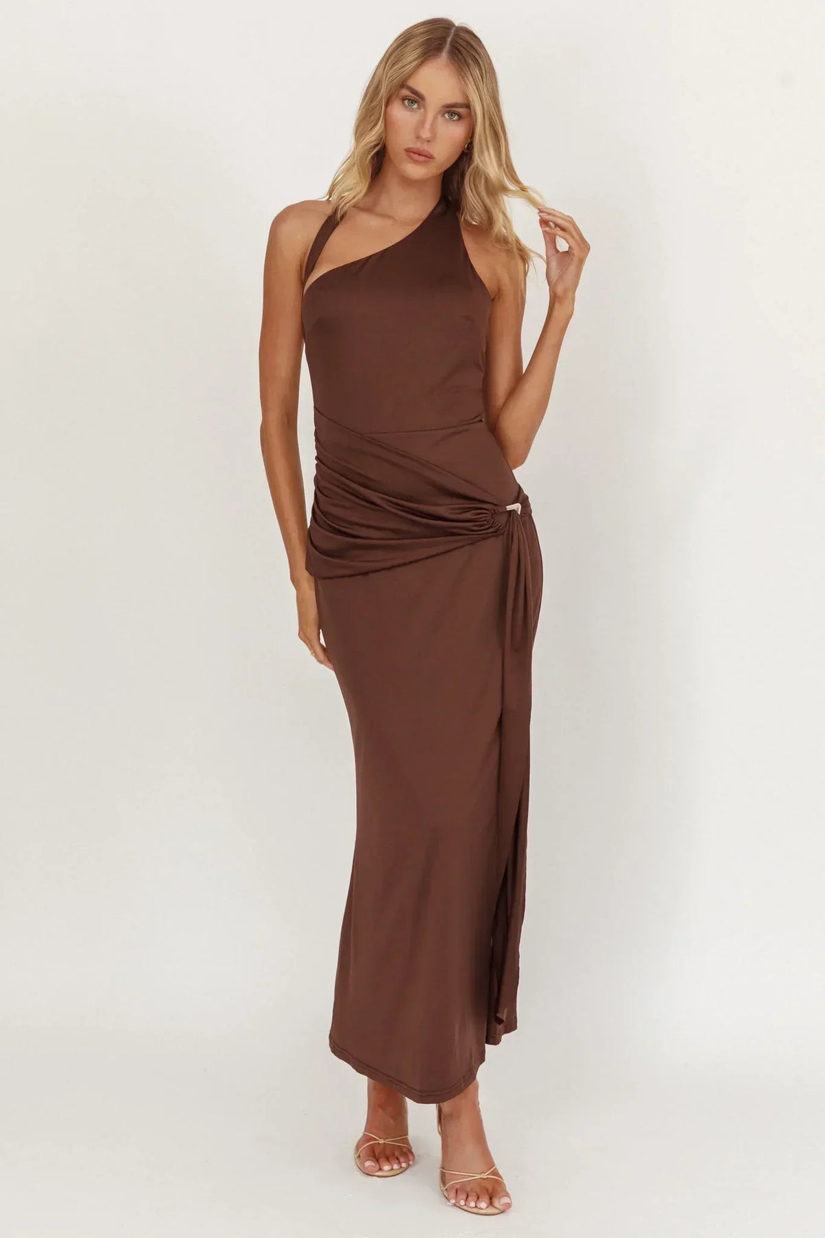 Asymmetric Halter Neck Ruched Waist Ring Detail Midi Dress 4