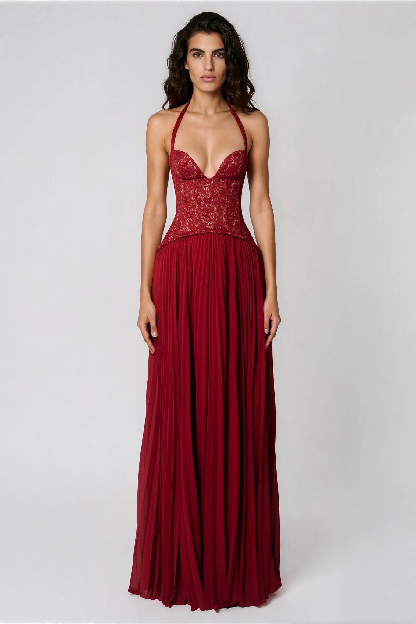 Halter Neck Deep V-Neck Lace Corset Maxi Dress 5