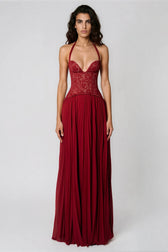 Halter Neck Deep V-Neck Lace Corset Maxi Dress 5