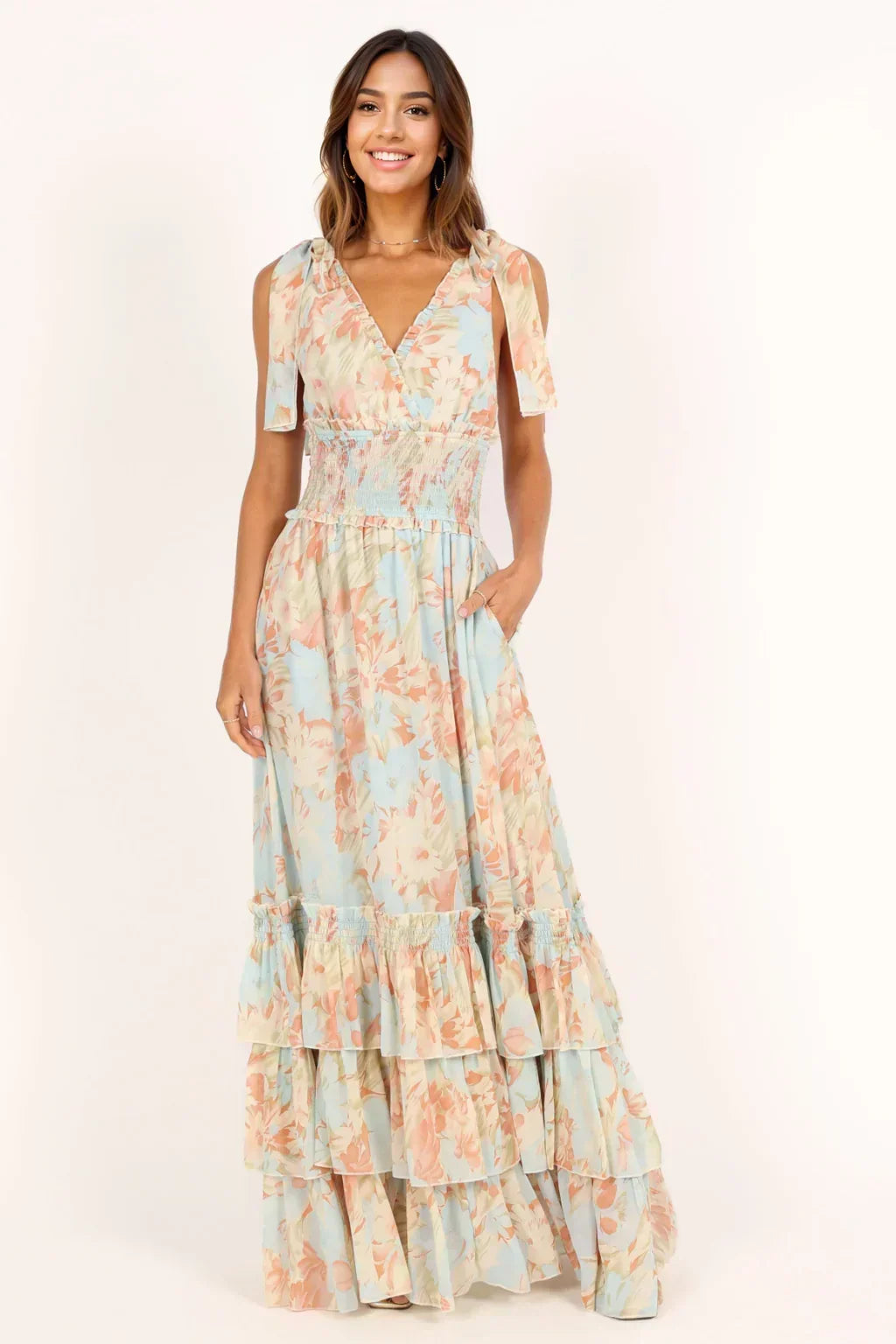 Floral Print Tie Shoulder Shirred Bodice Tiered Ruffle Maxi Dress 5