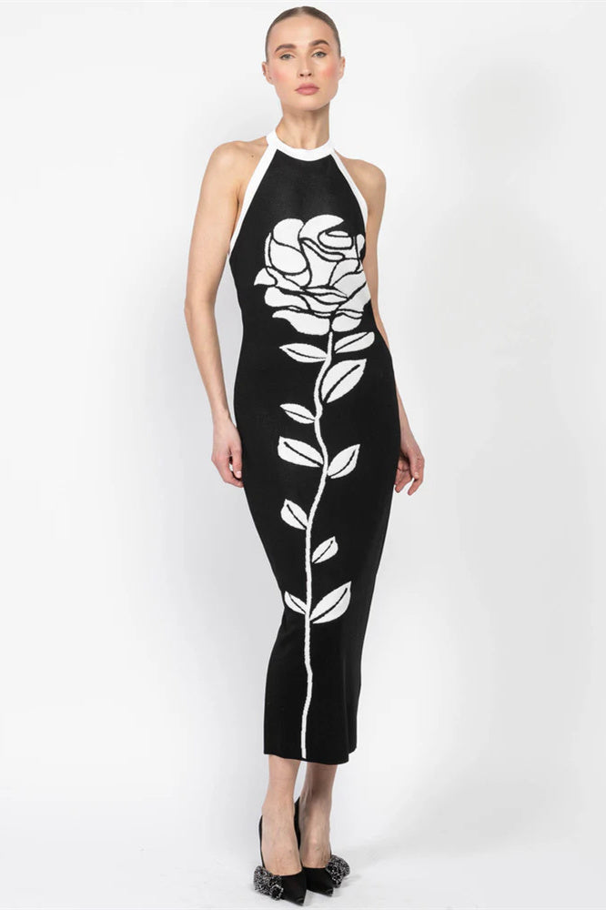 Nina Boutique Halterneck Bloom Knit Midi Dress with Open Back Designer Edit
