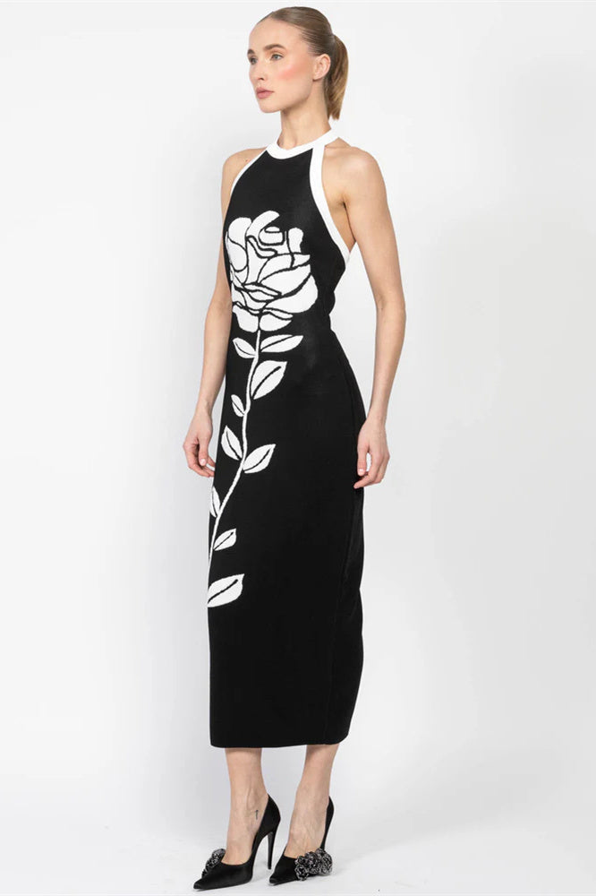 Nina Boutique Halterneck Bloom Knit Midi Dress with Open Back Designer Edit