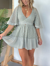 Lace V-Neck Bell Sleeve Tiered Mini Dress 2