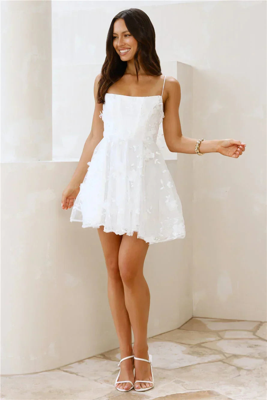 3D Floral Applique Tulle Spaghetti Strap Bow Back Babydoll Mini Dress 8