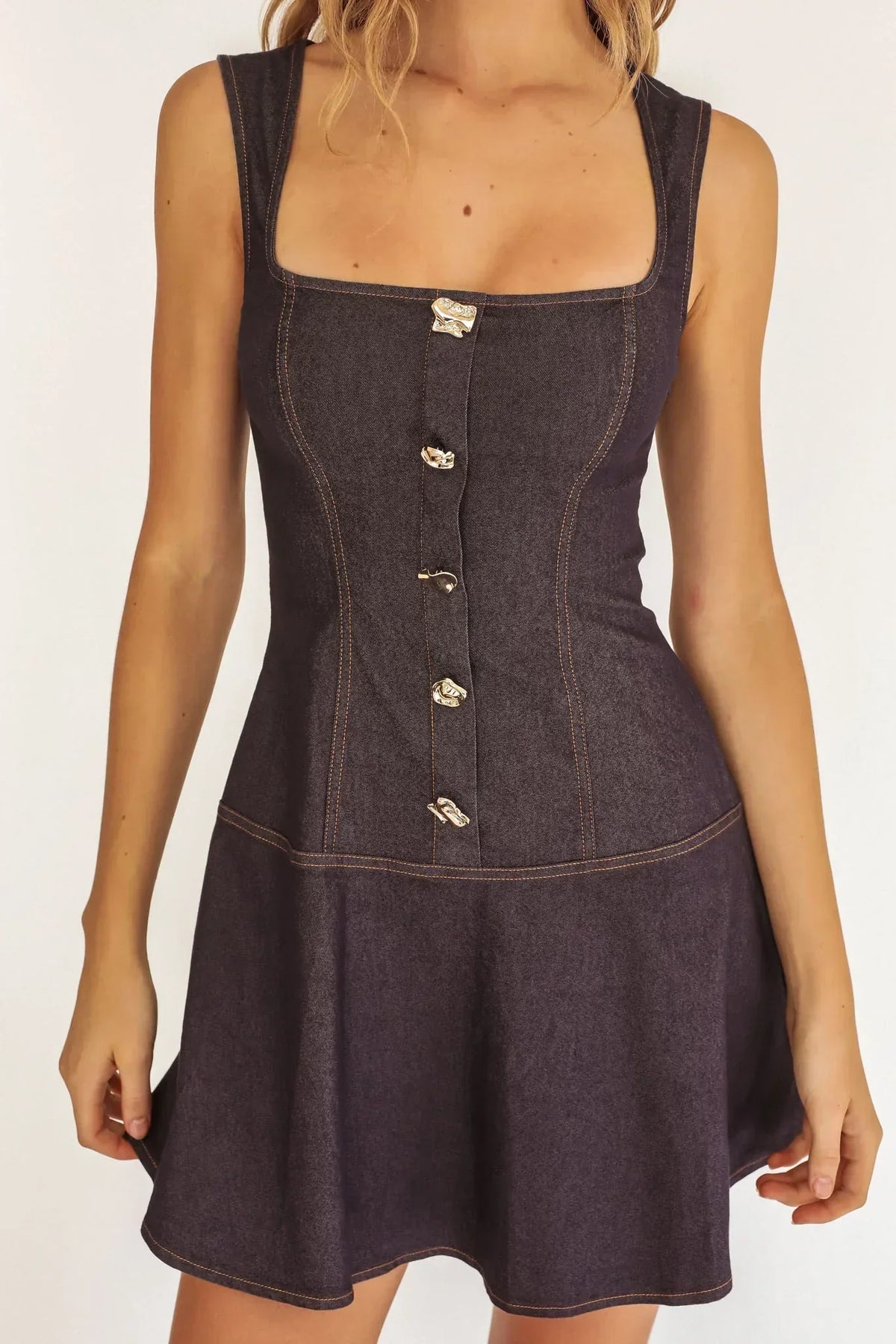 Denim-Look Square Neck Button Front Drop Waist Flared Mini Dress 3