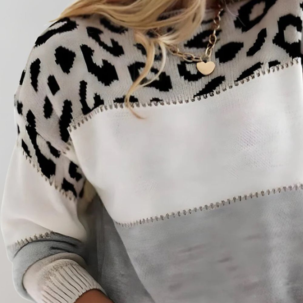 Boat Neck Leopard Print Colorblock Knit Sweater