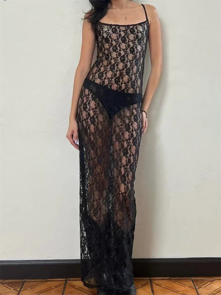 Lace Sheer Mesh Floral Dress