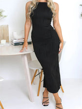 Sexy Women Ruched Sleeveless Slim Solid Summer Party Back Split Clubwear Female Vestido Outfits
