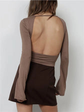 Solid Slim Fit Basic Backless Flare Sleeve T-Shirts Brown / S