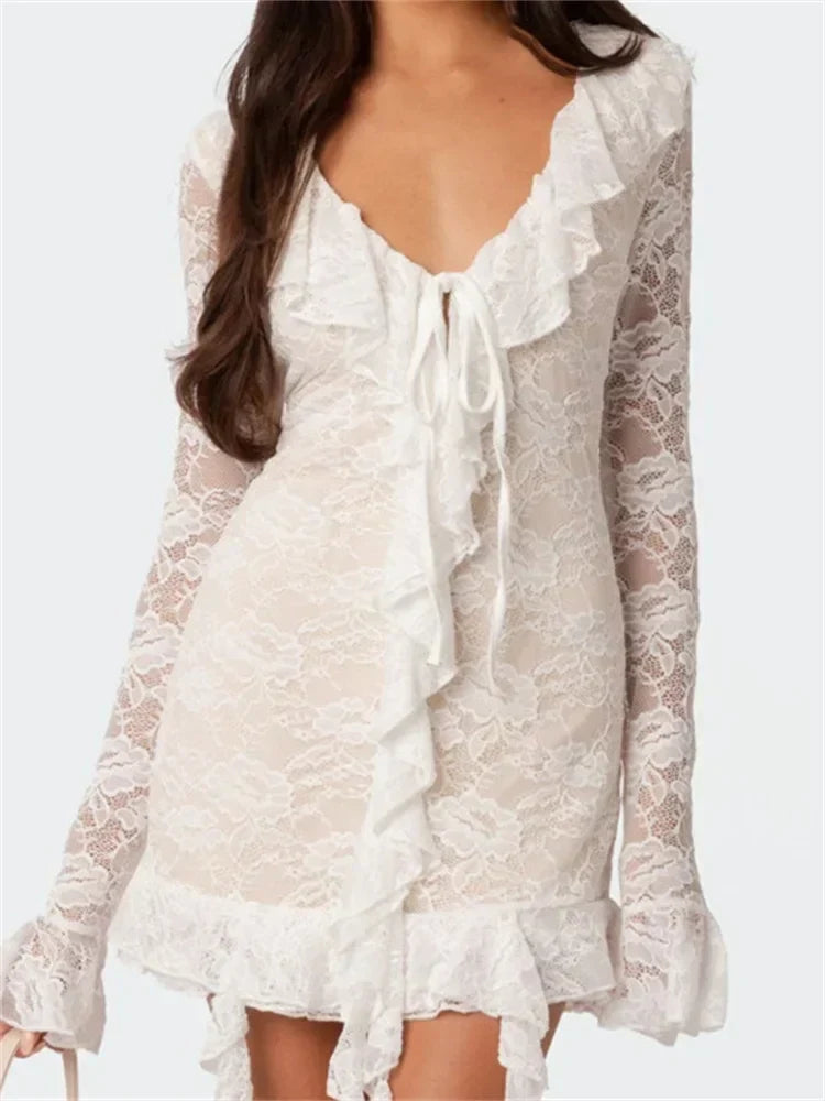 Lace V-Neck Ruffle Trim Tie Front Flare Sleeve Mini Dress
