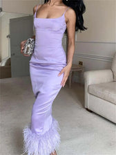 Elegant Sleeveless Strap Summer Party Clubwear Sexy Women Aquare Neck Feather Patchwork Slim