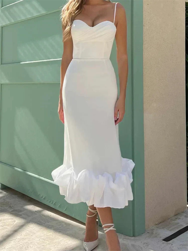 Sweetheart Neck Spaghetti Strap Ruched Bust Ruffle Hem Midi Dress 7