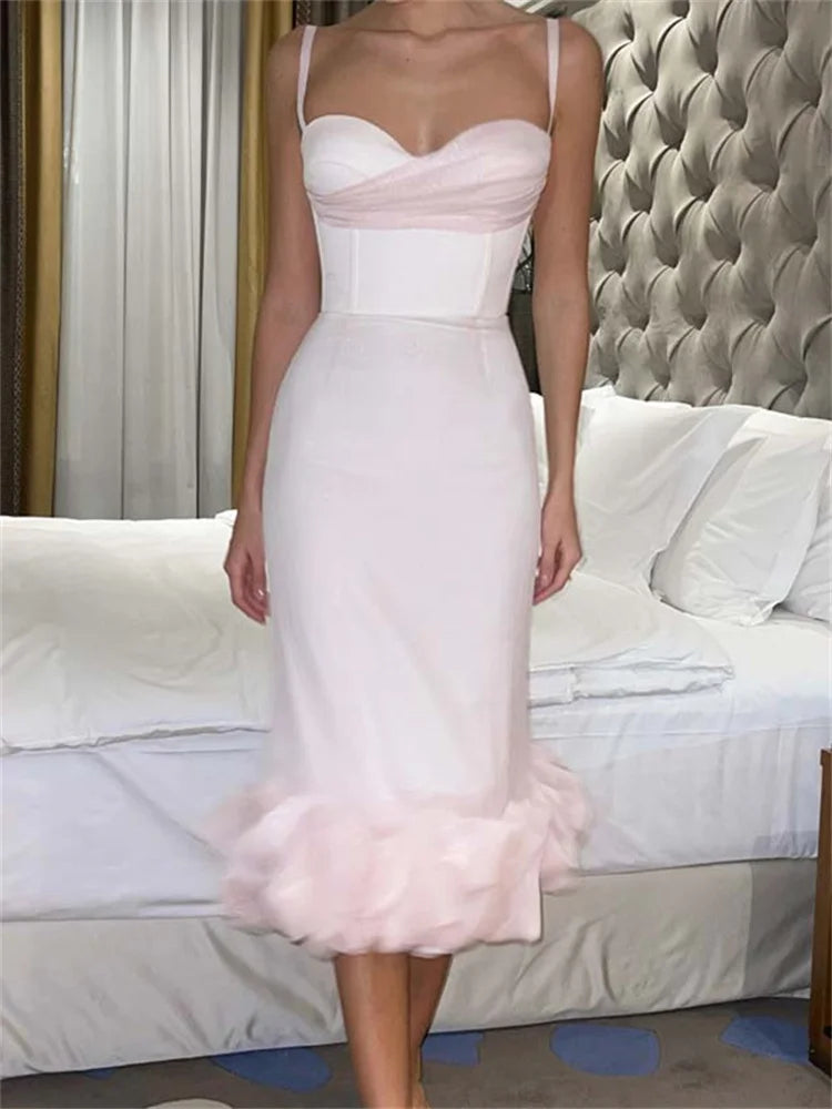 Sweetheart Neck Spaghetti Strap Ruched Bust Ruffle Hem Midi Dress 6
