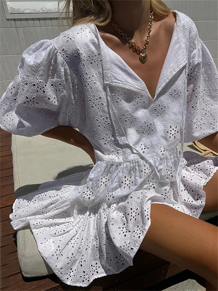 Eyelet Embroidered Tie V-Neck Puff Sleeve Tiered Ruffle Mini Dress 2