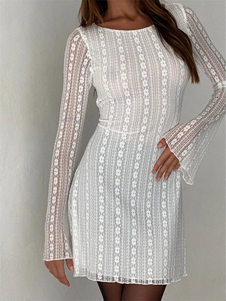 Sheer Floral Stripe Lace Round Neck Flare Sleeve Open Back Mini Dress