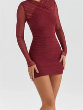 Mesh Patchwork See Through Long Sleeve Solid Mini Dresses 3