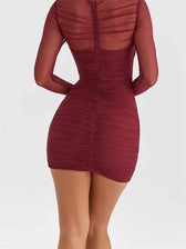 Mesh Patchwork See Through Long Sleeve Solid Mini Dresses 4