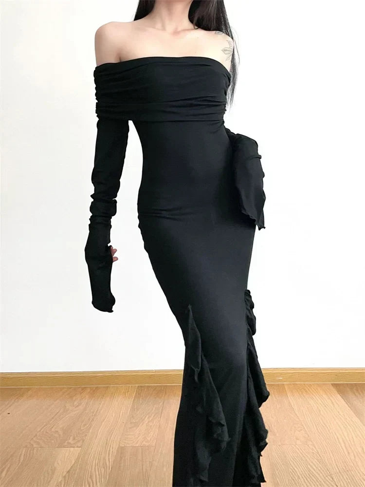 Off Shoulder Long Sleeve Ruched Ruffle Trim High Split Maxi Dress 2