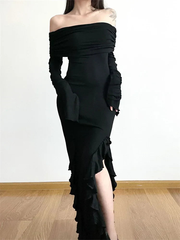 Elegant Women Slash Neck Off Shoulder Flare Sleeve Party Irregular Hem Ruffles Female Vestidos