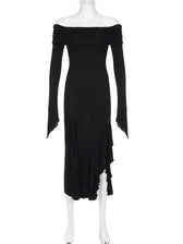 Elegant Women Slash Neck Off Shoulder Flare Sleeve Party Irregular Hem Ruffles Female Vestidos